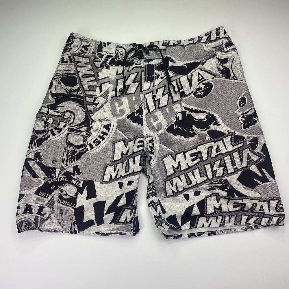 Metal Mulisha Board Shorts Men 38 Black Skull Y2K Graphic Surfing Drawstring